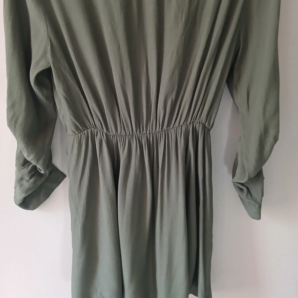 Maeve Women's Size XS Olive Green Faux Wrap Midi Dress Zip Pockets Roll-Tab - Picture 11 of 12